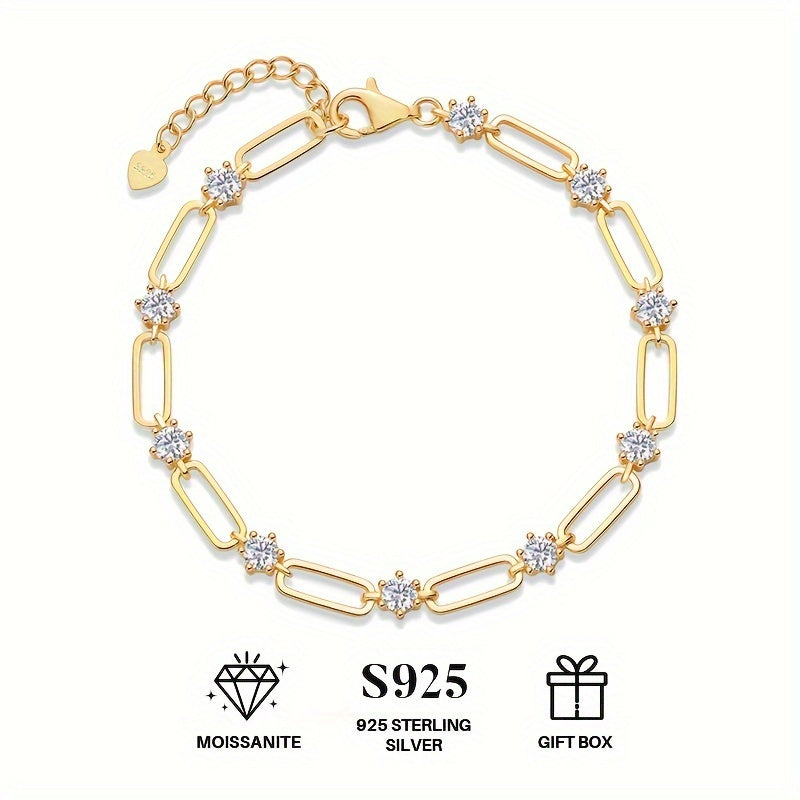 Luxurious 18K Gold-Plated Sterling Silver Bracelet with Stunning Moissanite Accents on a 925 Silver Link Chain - High Quality Unisex Fashion Jewelry Perfect for Anniversary, Wedding, Birthday, or Everyday Wear