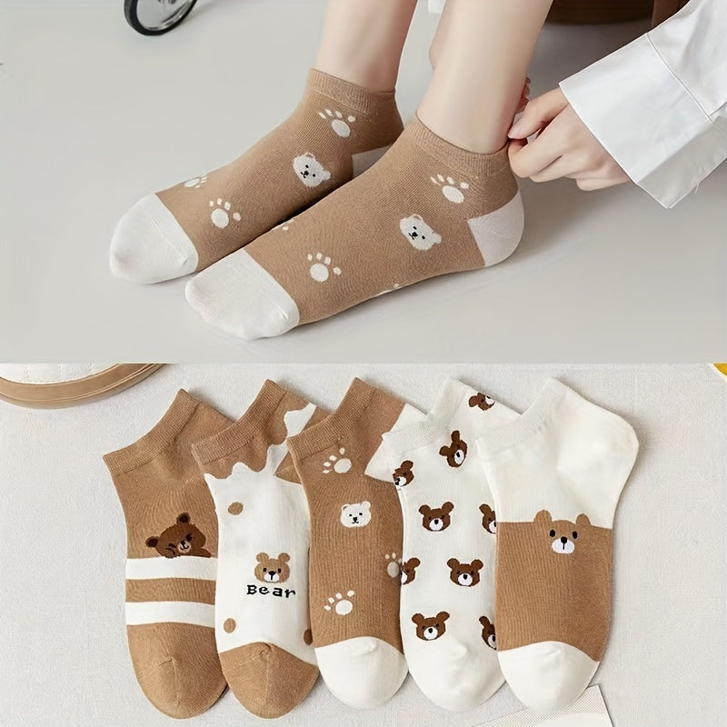 5 cute bear & paw print ankle socks for women in a cozy autumn collection. Made with anti-odor, stretchy polyester/spandex blend. Lightweight and perfect for every outfit.