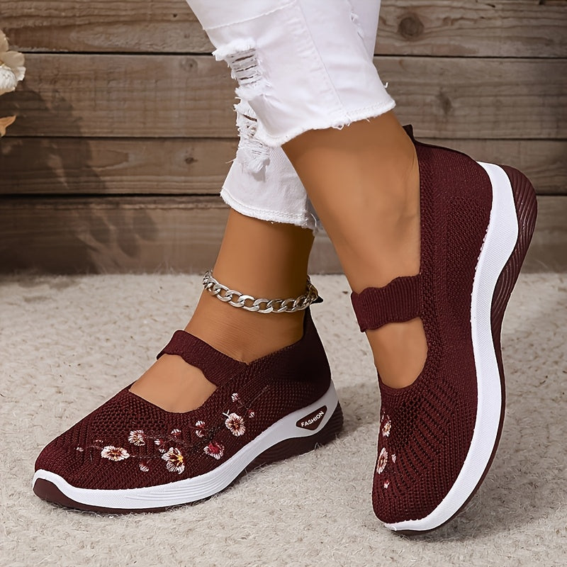 Women's Breathable Knit Sneakers with Floral Design, Non-Slip Sole, Lightweight, in Multiple Colors.