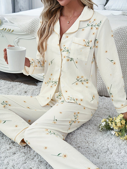 Women's floral print pajama set with long sleeve top, button-up closure, and elastic waistband pants for sleepwear and loungewear.