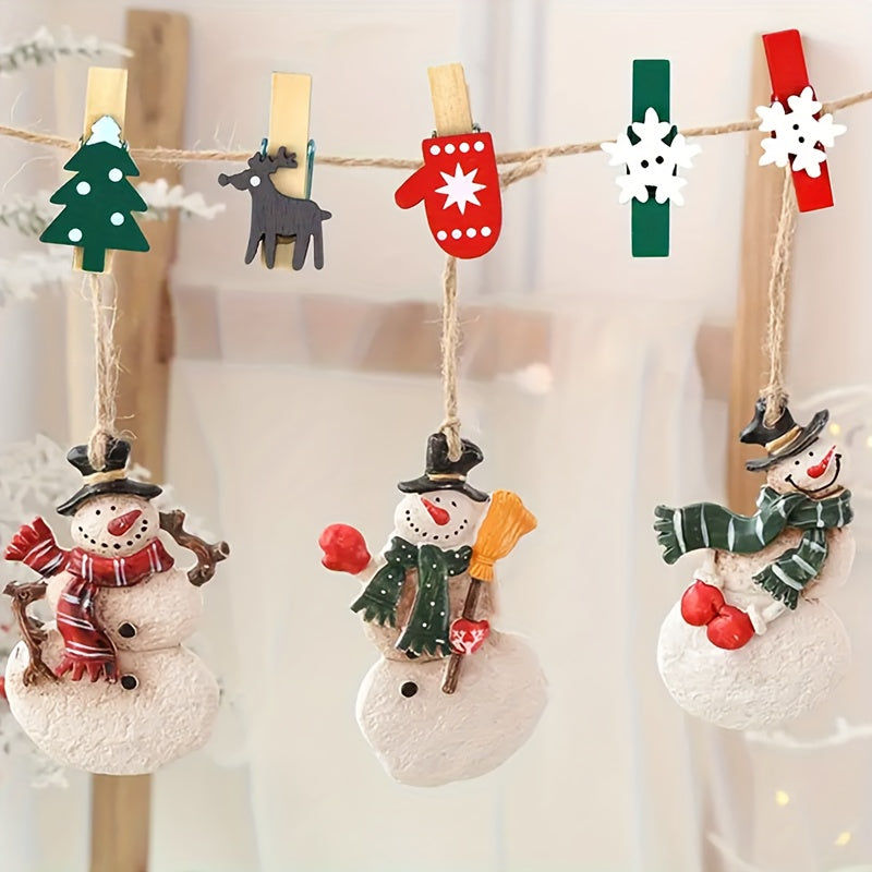 20-pack wooden Christmas clothespins for hanging photos and embellishing weddings. Decorative clip set with holiday shapes for parties, birthdays, and home decor. Features Christmas trees, gloves, reindeers, and snowflakes. Hanging attachments included