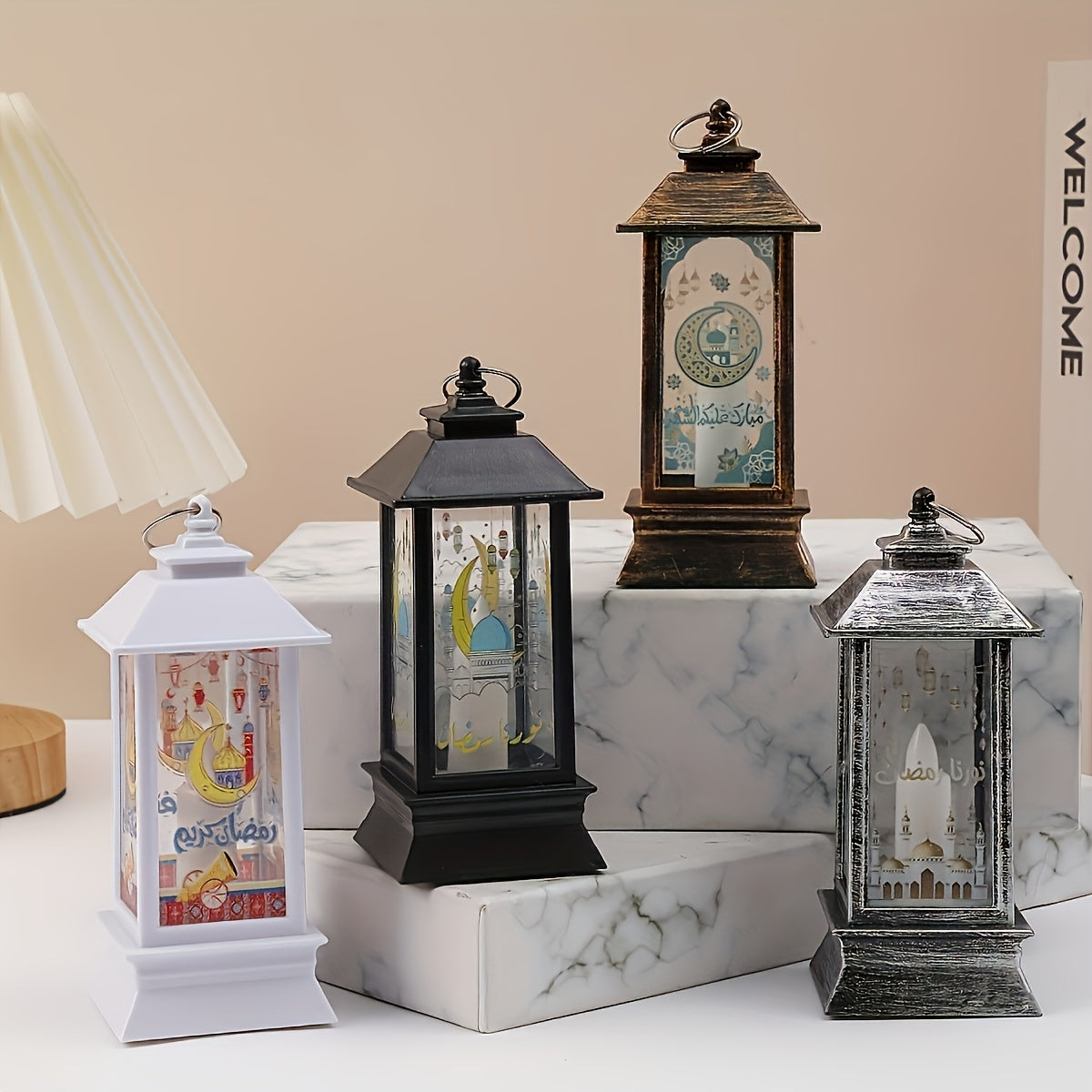 Rustic LED lantern for home decor and festive celebrations, battery operated with included button battery, perfect for Eid al-Fitr and holiday ambiance. Traditional style lantern made of