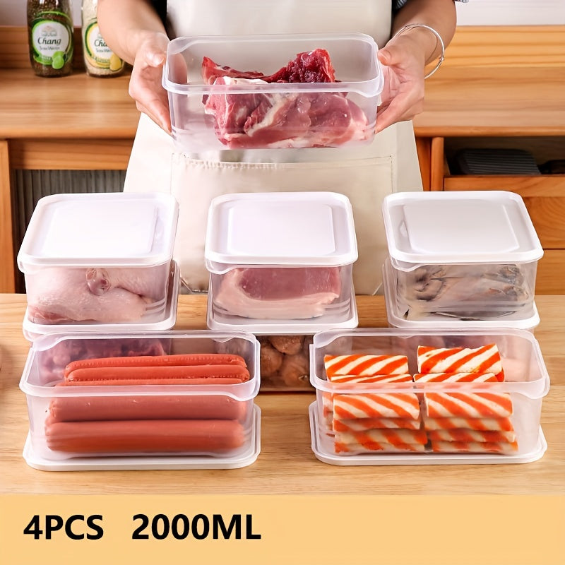 4 clear food storage boxes with locking lids, multifunction food containers for baking supplies, fruits, vegetables, and household organization in the refrigerator.