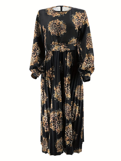 Leopard Print Crew Neck Abayas Dress, Elegant Long Sleeve Maxi Length Women's Clothing