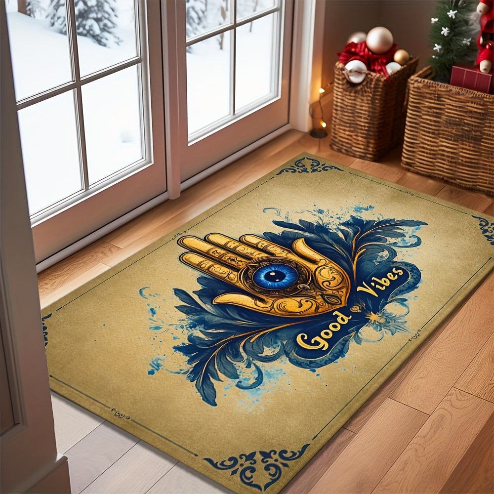 Add a touch of style to your home with this Evil Eye Welcome Doormat. Featuring a Good Vibes pattern, this decorative woven floor mat is non-slip, machine washable, and easy to clean. Made of polyester, this rug is perfect for both indoor and outdoor