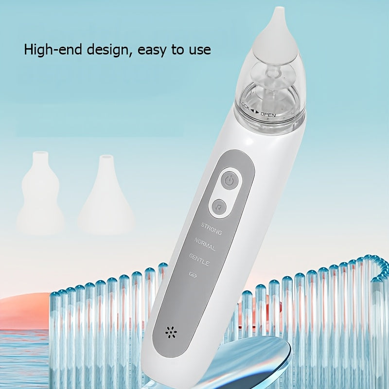 USB rechargeable electric nasal aspirator with adjustable suction levels, music feature, and 3 silicone heads.