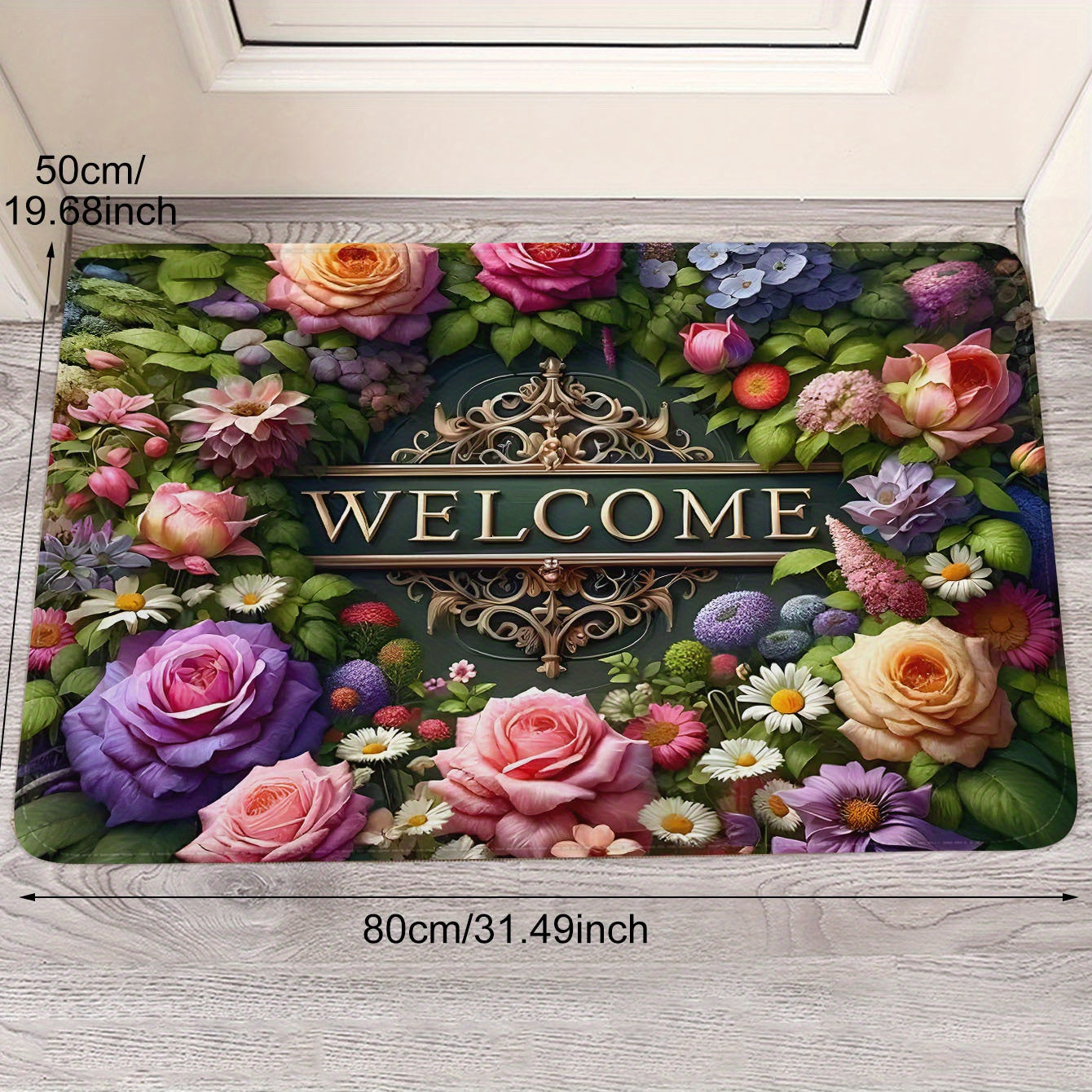 Introducing the Welcome Floral Doormat - A Polyester Non-Slip Mat that is Stain Resistant, Lightweight, Washable, and Perfect for Indoor or Outdoor use. This Rectangular Entrance Mat is ideal for occasions like Christmas, Thanksgiving, Valentine's Day