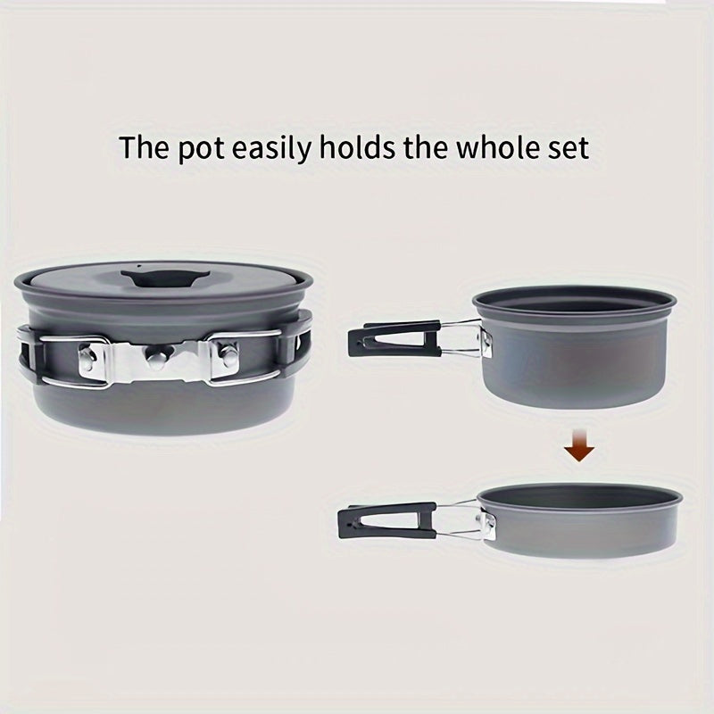 Portable Outdoor Camping Cookware Set - 8-Piece Hard Anodized Aluminum Pots and Pans with Medium Frying Pan, Medium Boiling Pot, Small Cooking Pot, 5 Bonus Accessories, Dual-Purpose Sauté and Boil, Compact Storage Ideal for Camping