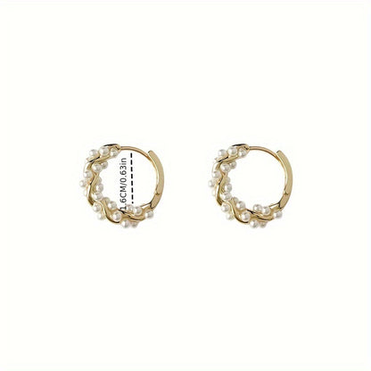 Stylish floral wreath hoop earrings with faux pearls, elegant and versatile, made of golden-toned zinc alloy with stainless steel posts, perfect for daily wear or vacation