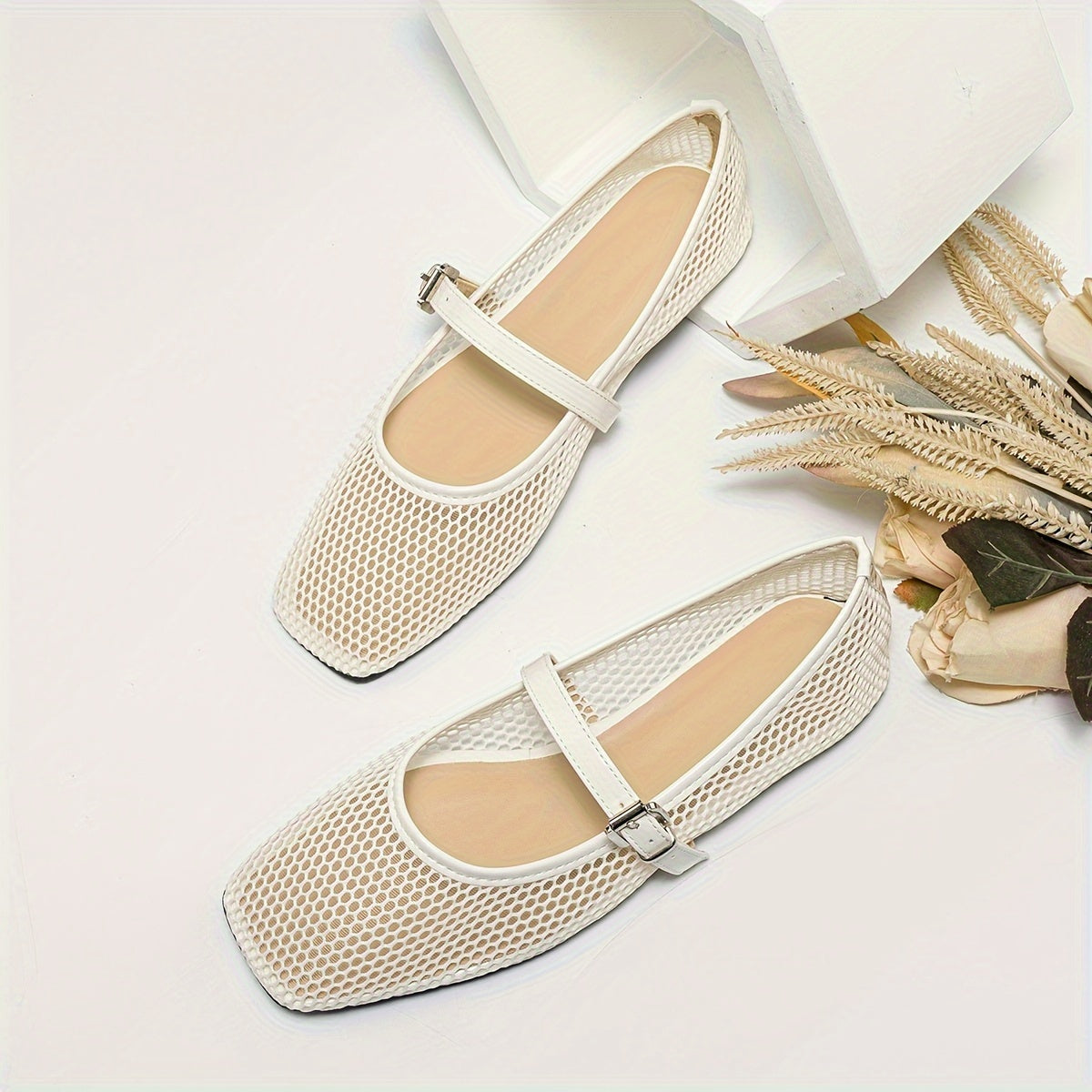 Breathable women's mesh ballet flats with casual square toe design and soft sole for comfort.