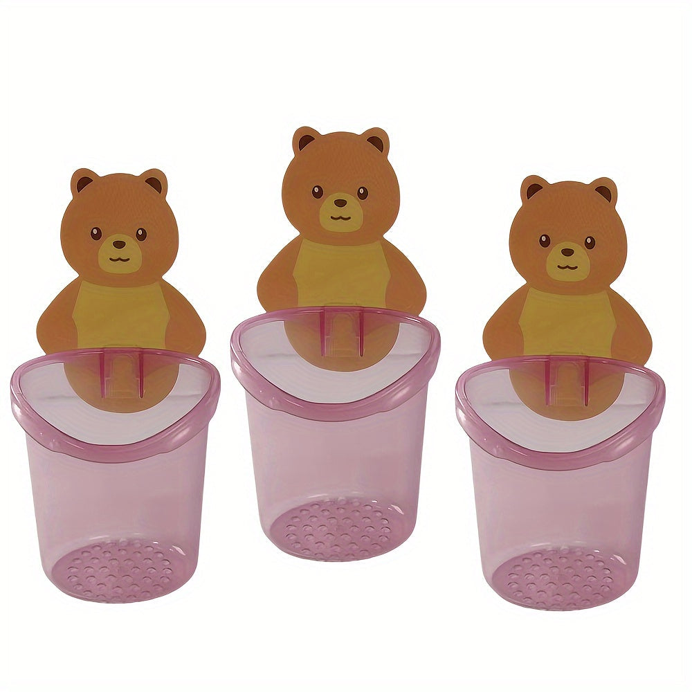 Set of 3 Adorable Bear Toothbrush and Toothpaste Holders - Easily Cleaned Wall-Mounted Bathroom Organizer with Drainage, No Drilling Required - Essential Bathroom Accessory