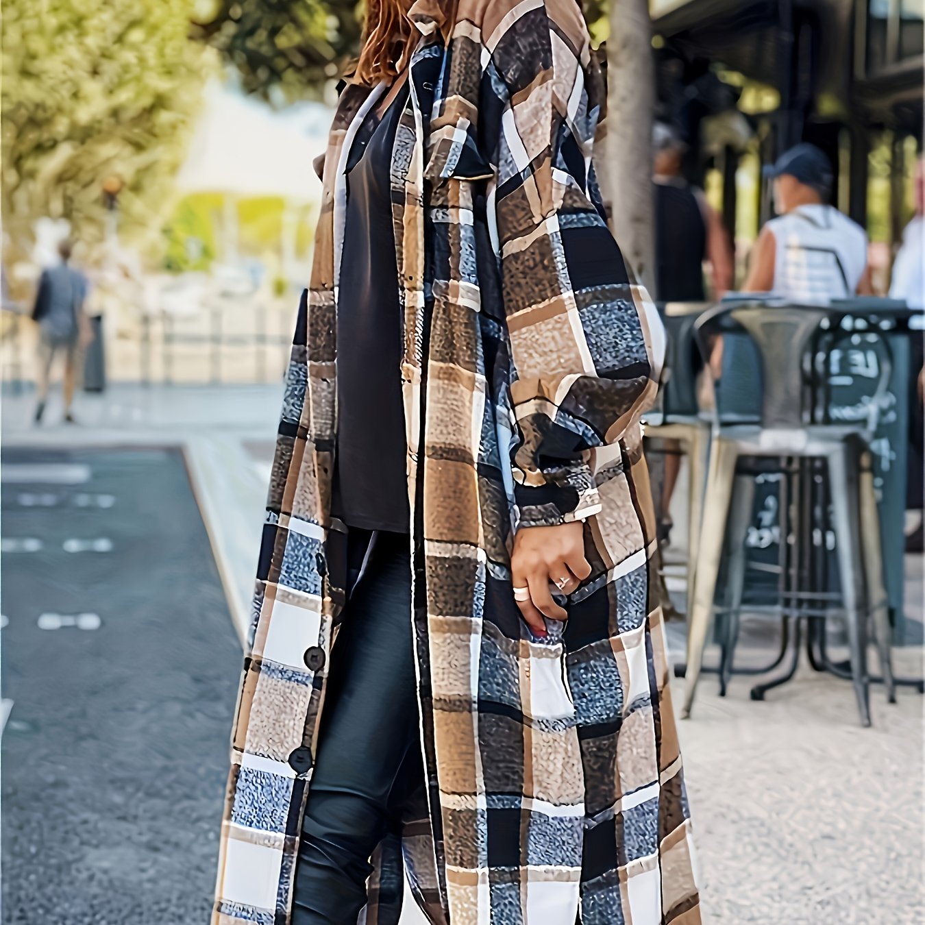 Plus size plaid trench coat with side slits, lapel collar, and commuter fleece-blend for stylish comfort. Machine washable.