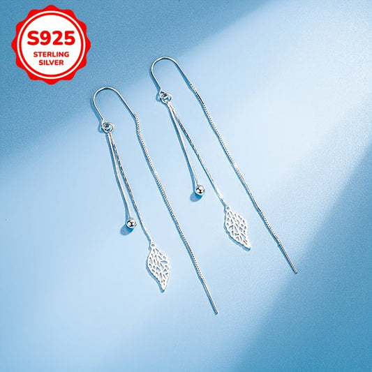 A set of women's earrings featuring tassels and hollow leaf design, weighing 2.6g in 925 sterling silver, perfect for everyday wear or gifting