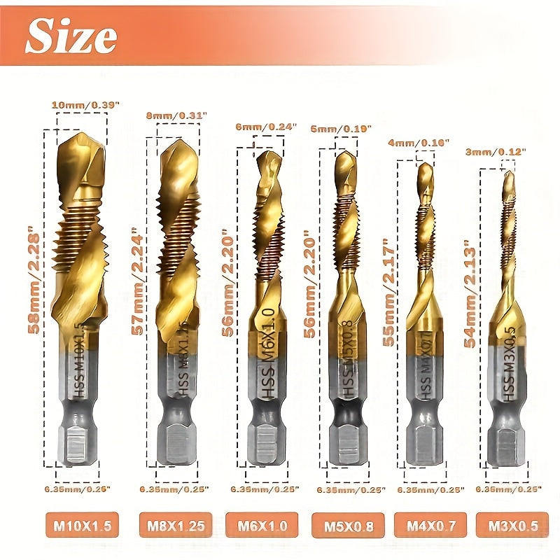 GOXAWEE 6-piece titanium drill tap set, for wood, plastic, and metal, with metric thread M3-M10 taps.