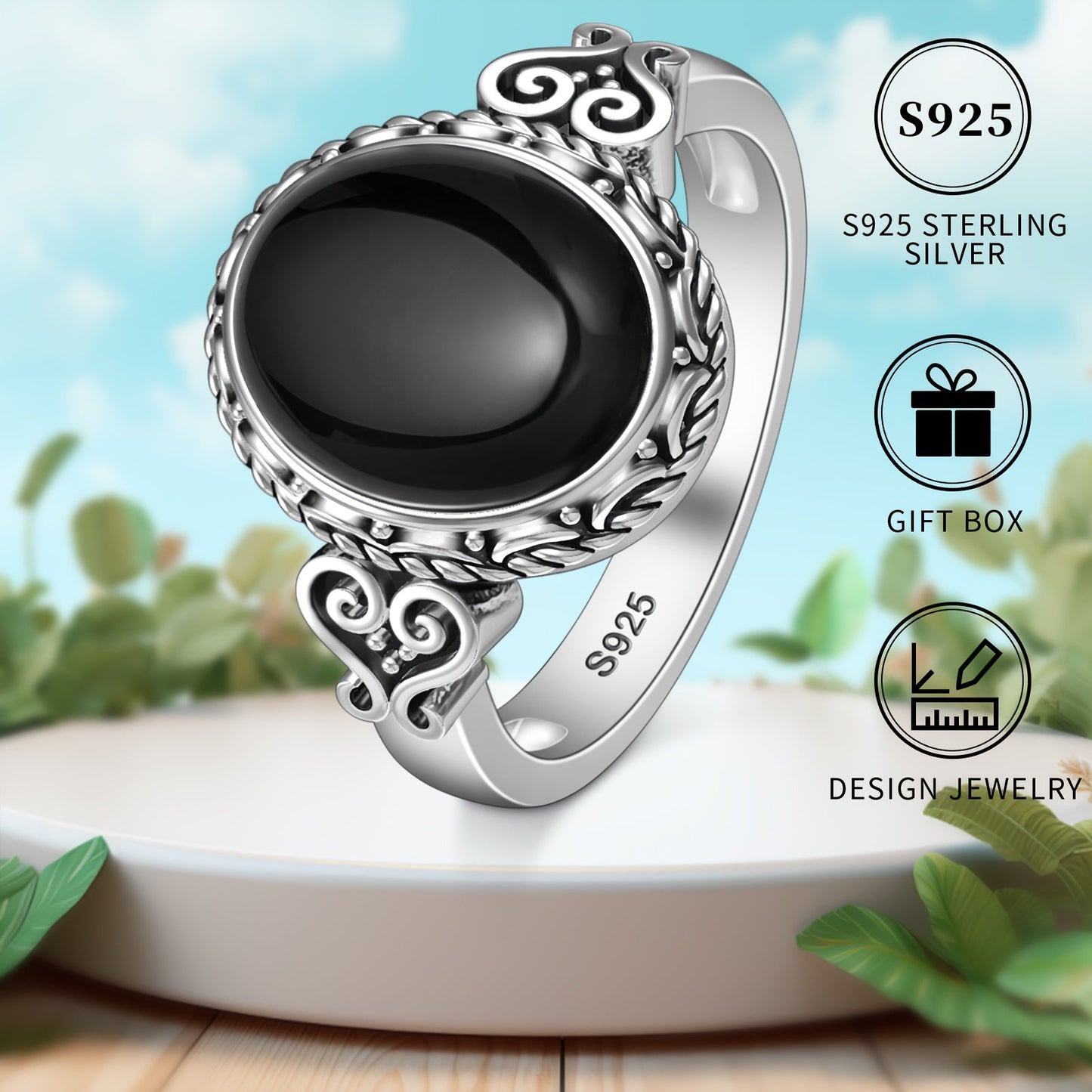 A beautiful S925 sterling silver ring featuring a black agate stone, perfect for women. Hypoallergenic and nickel-free, this ring showcases a heart vine pattern in a Victorian vintage style. Crafted with high-quality materials, it is suitable for daily