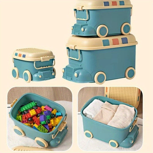 Blue plastic toy storage box with wheels for building blocks, snacks, small items, bedroom, living room, and home decor.