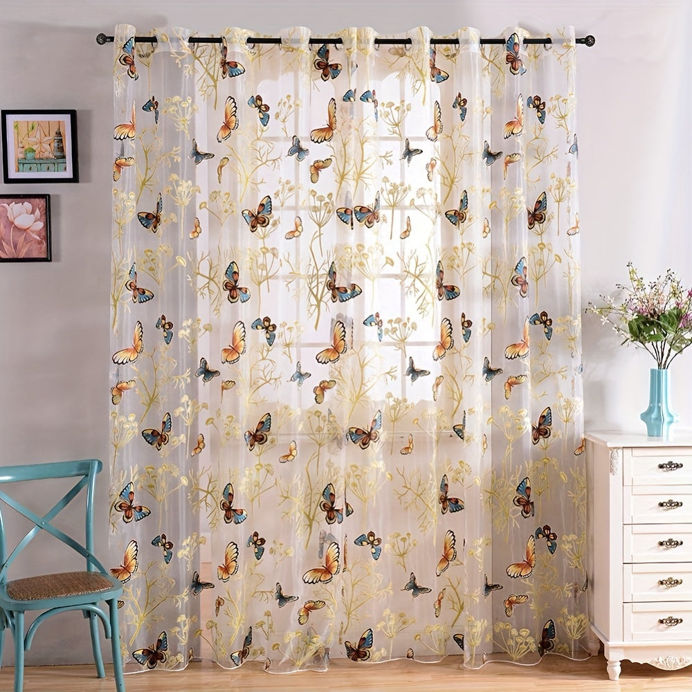 Elegant Butterfly Print Sheer Curtain with Grommet Top - Tulle Window Treatment for Bedroom, Office, Kitchen, Living Room, or Study - Stylish Home Decor Piece