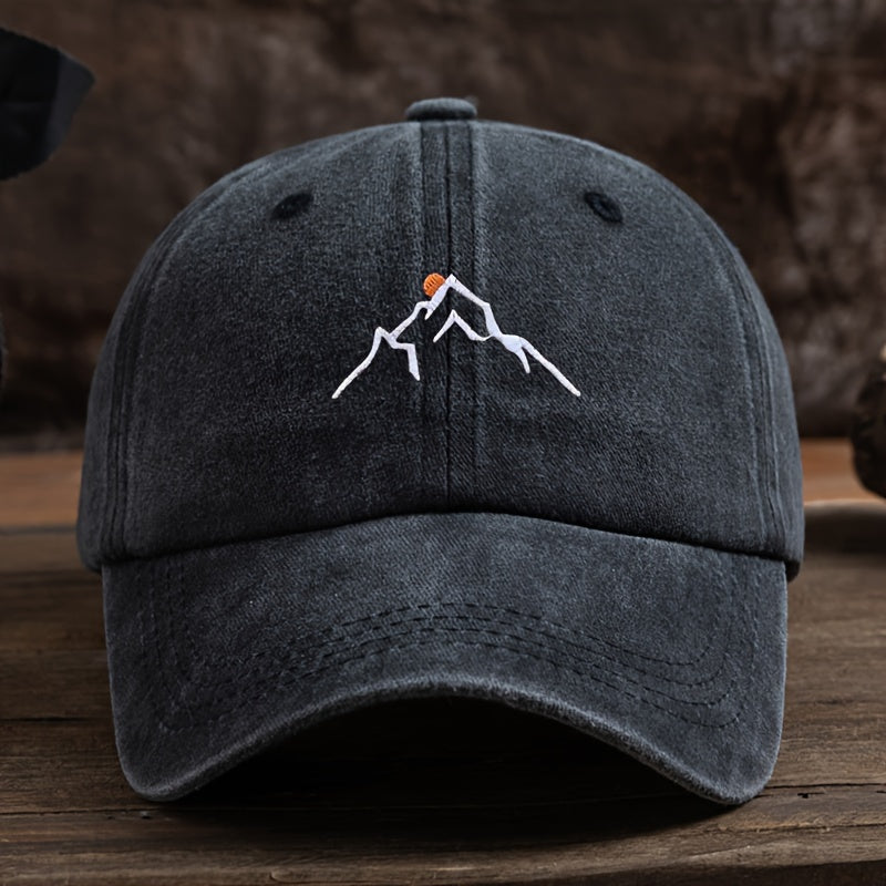 Embroidered Mountain Peak Baseball Cap - Adjustable, Curved Brim Ideal for Hiking & Fishing, Machine Washable