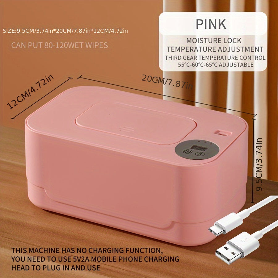 Portable wipes warmer with constant temperature insulated dispenser, featuring a 10W power USB heating box, three-speed temperature adjustment from 55-65 degrees.