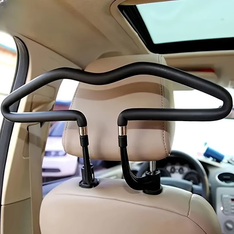 Adjustable stainless steel car seat headrest hanger for vehicle interior, with suction cup hooks.