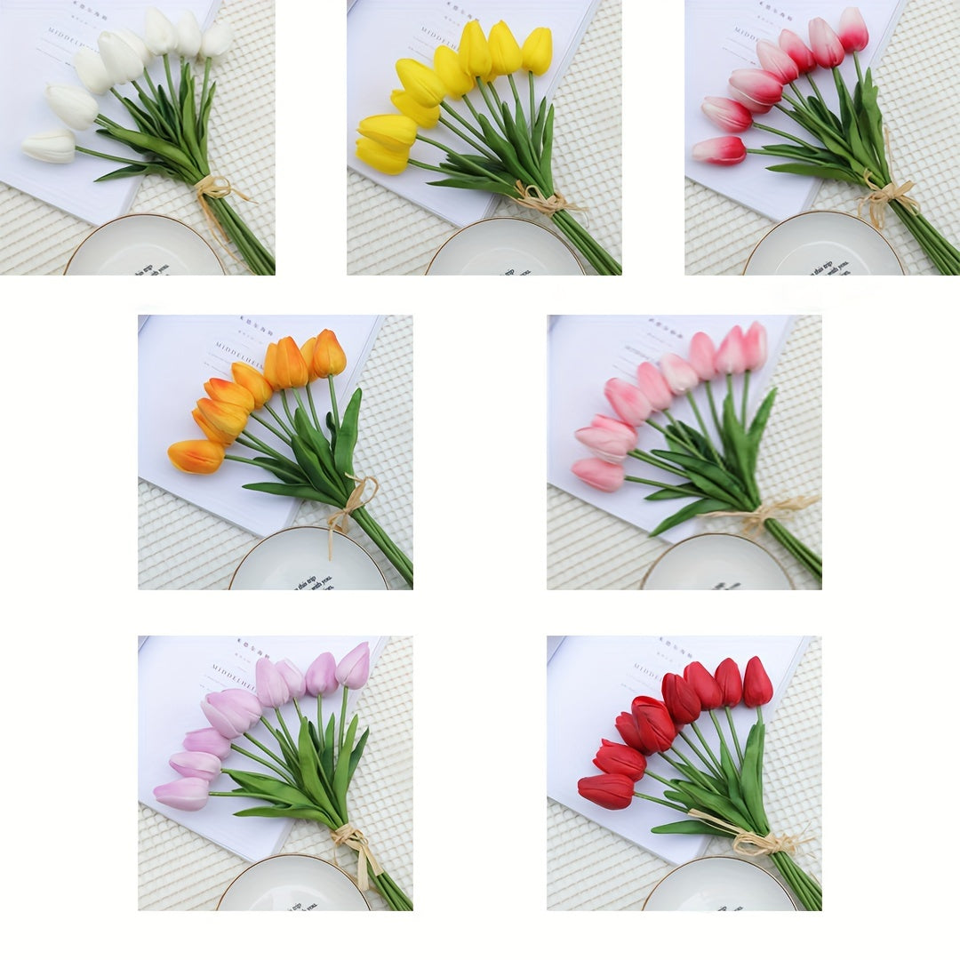 Artificial tulip flowers in 9, 18, or 27 piece sets for home or office decor, weddings, parties, and gifts.