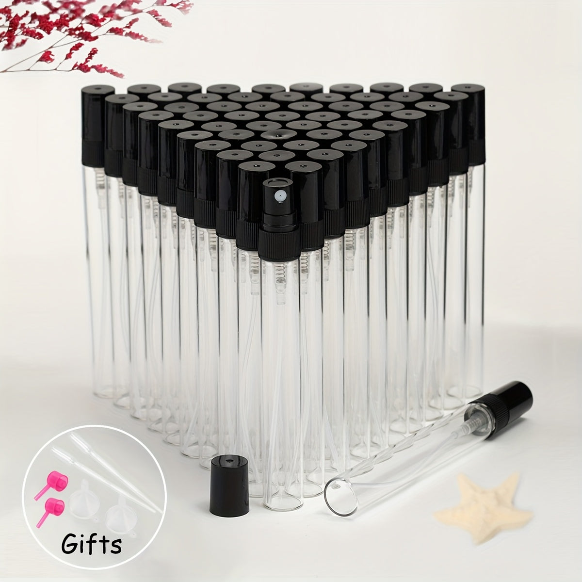 56 transparent glass perfume bottles with refillable spray nozzles in various sizes, ideal for travel and moisturizing.