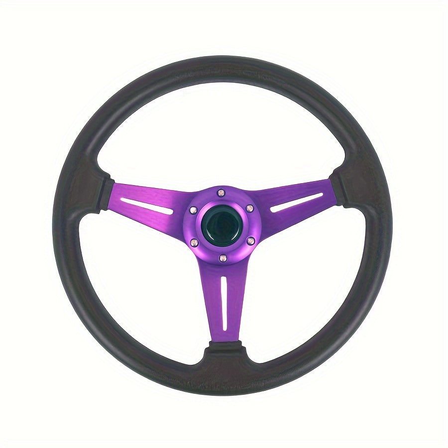 Purple 14-inch steering wheel with aluminum frame for cars, golf carts, and sightseeing vehicles. Stylish, durable, comfortable grip.