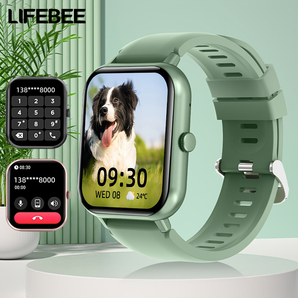 LifeBee Smartwatch: Full screen, call function, 100+ exercise modes, pedometer, calorie tracker, rechargeable, black & pink colors.