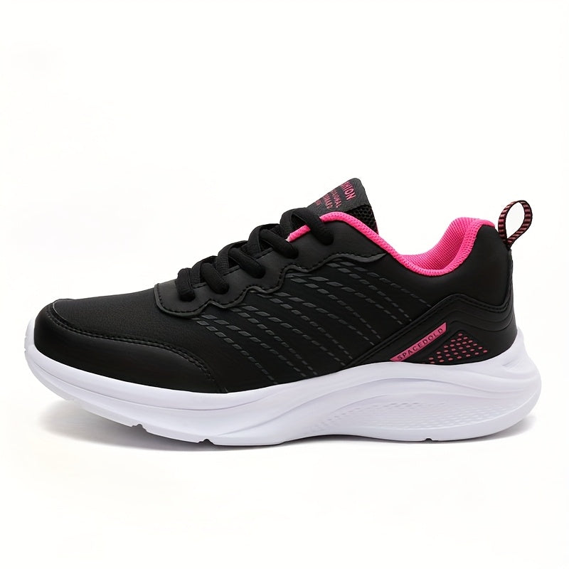 Women's water-resistant fashion sports sneakers with solid color, low top design, lace-up closure, EVA sole, superfine fiber insole, and all-season PU upper for comfort.