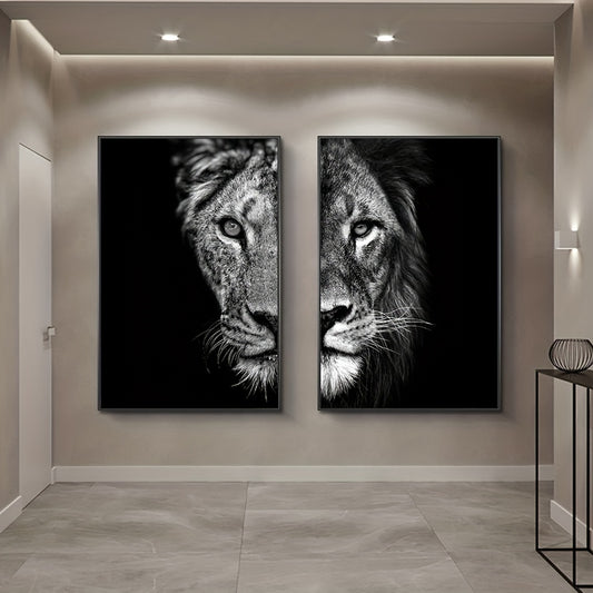 African Lion Wall Poster Set - Frameless Canvas Painting - 15.7x23.6in - Black and White Design