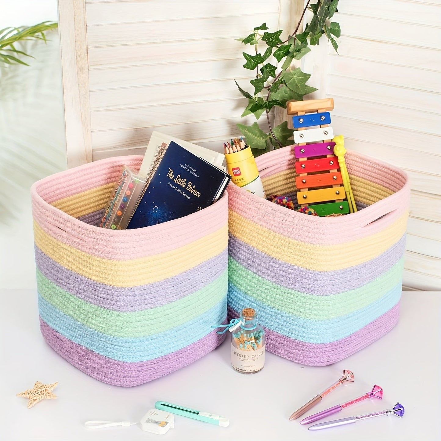 Set of 3 Rainbow Woven Storage Cubes, 27.94x27.94 cm - Stylish Square Bins for Organizing Closets, Classrooms, and Bathroom Shelves