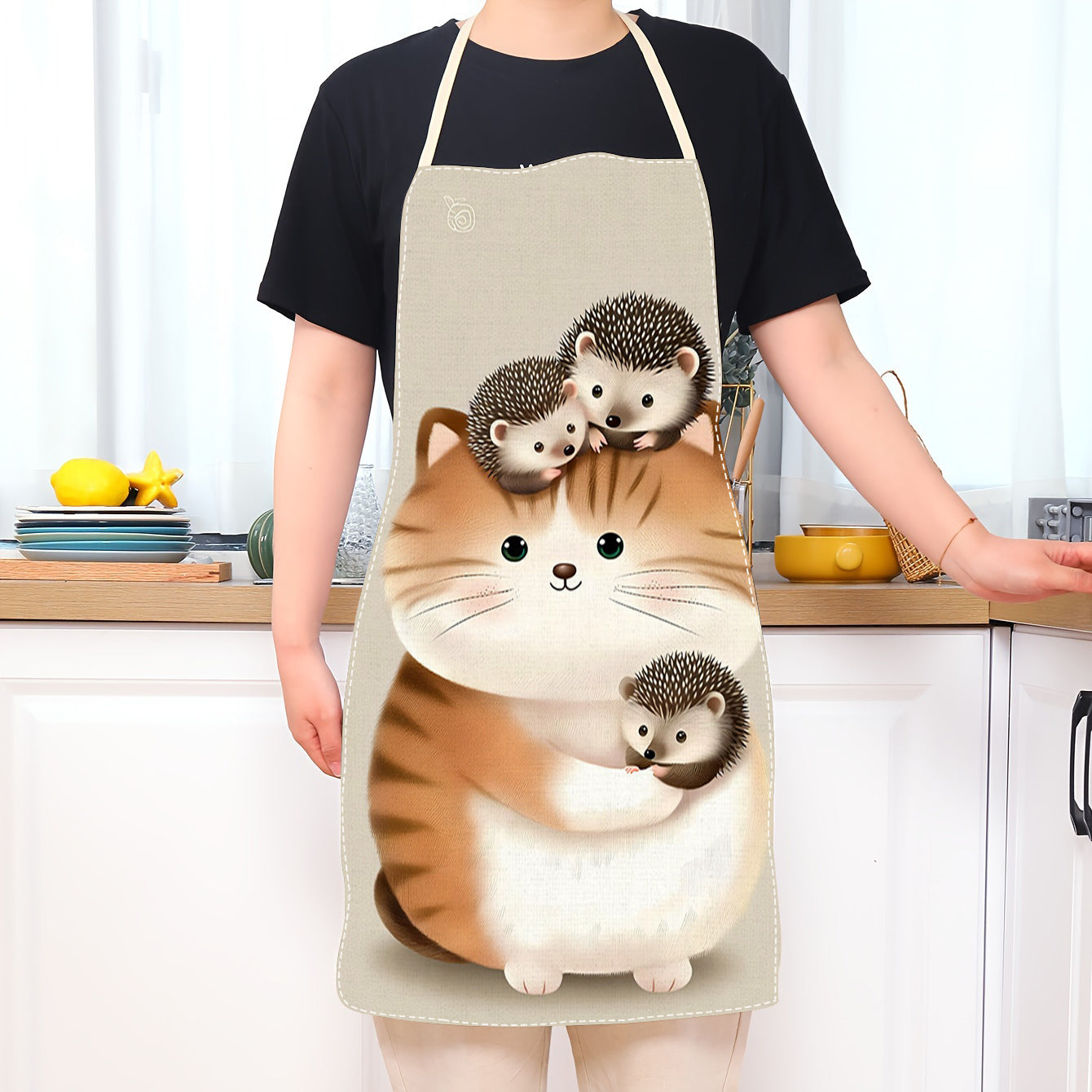 An adult-sized linen apron perfect for home cooking, sleeveless kitchen attire featuring a printed bib design, and essential kitchen accessories.