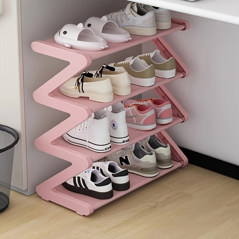 Z-Shaped shoe rack with 4 tiers, plastic, easy assembly, stackable for home or dorm room.