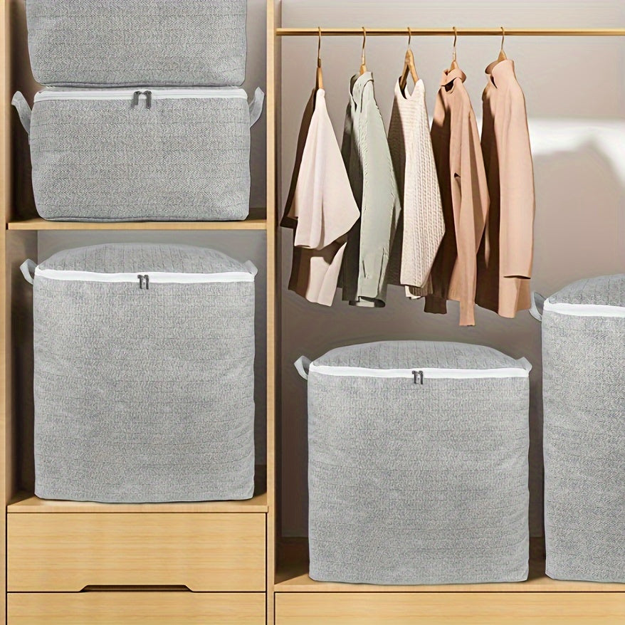 Extra-large durable non-woven fabric storage bin with lid, handles, herringbone pattern, zipper closure, ideal for organizing clothes, quilts, toys in home, bedroom, dorm.