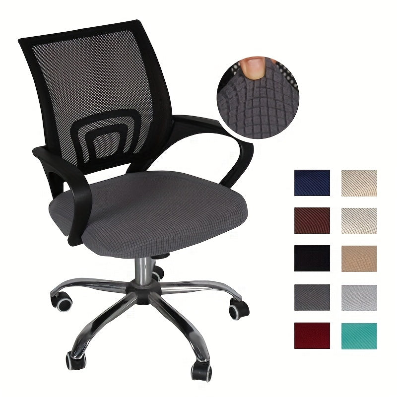 Modern elastic office chair protector made of polyester and spandex. Features non-slip box cushion design and machine washable.