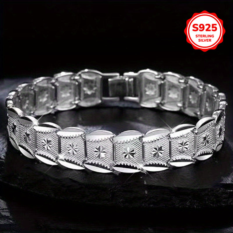 Sophisticated Men's S925 Sterling Silver Wide Bracelet featuring a European Coin Design, 12mm in size. Hypoallergenic and suitable for both daily wear and special occasions, this bracelet exudes a retro and French-inspired style. Perfect gift for