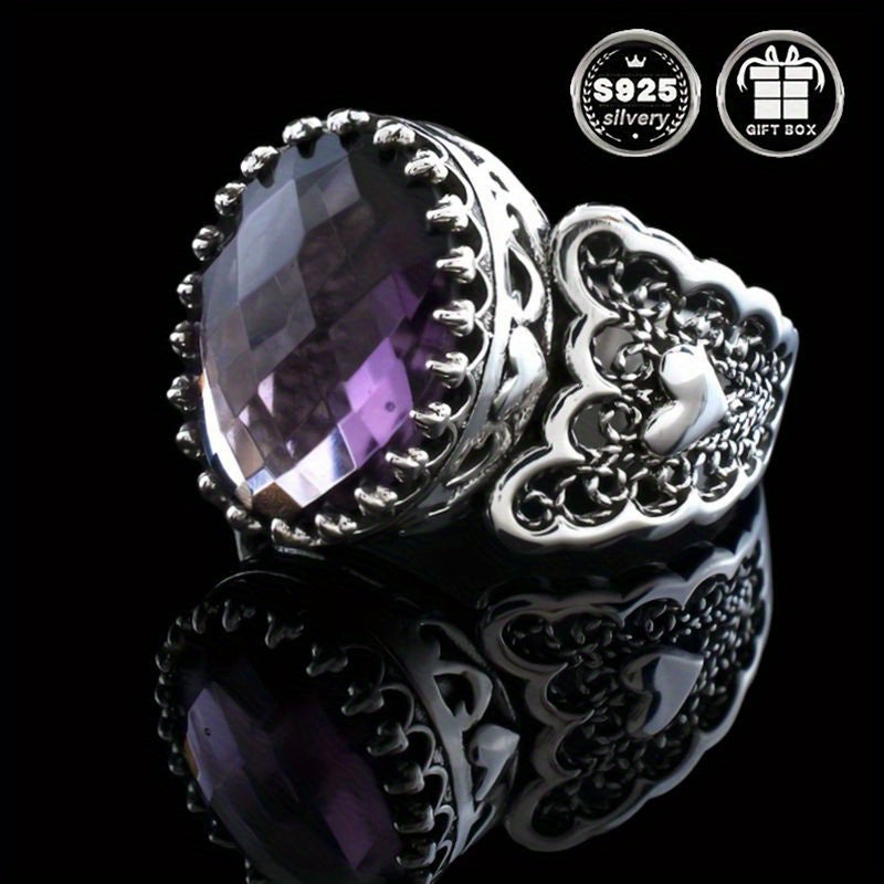 Handcrafted Filigree Art Detail 925 Sterling Silver Heart Cocktail Ring with Amethyst Gemstone, Ideal for Weddings and Parties, Durable for Everyday Wear