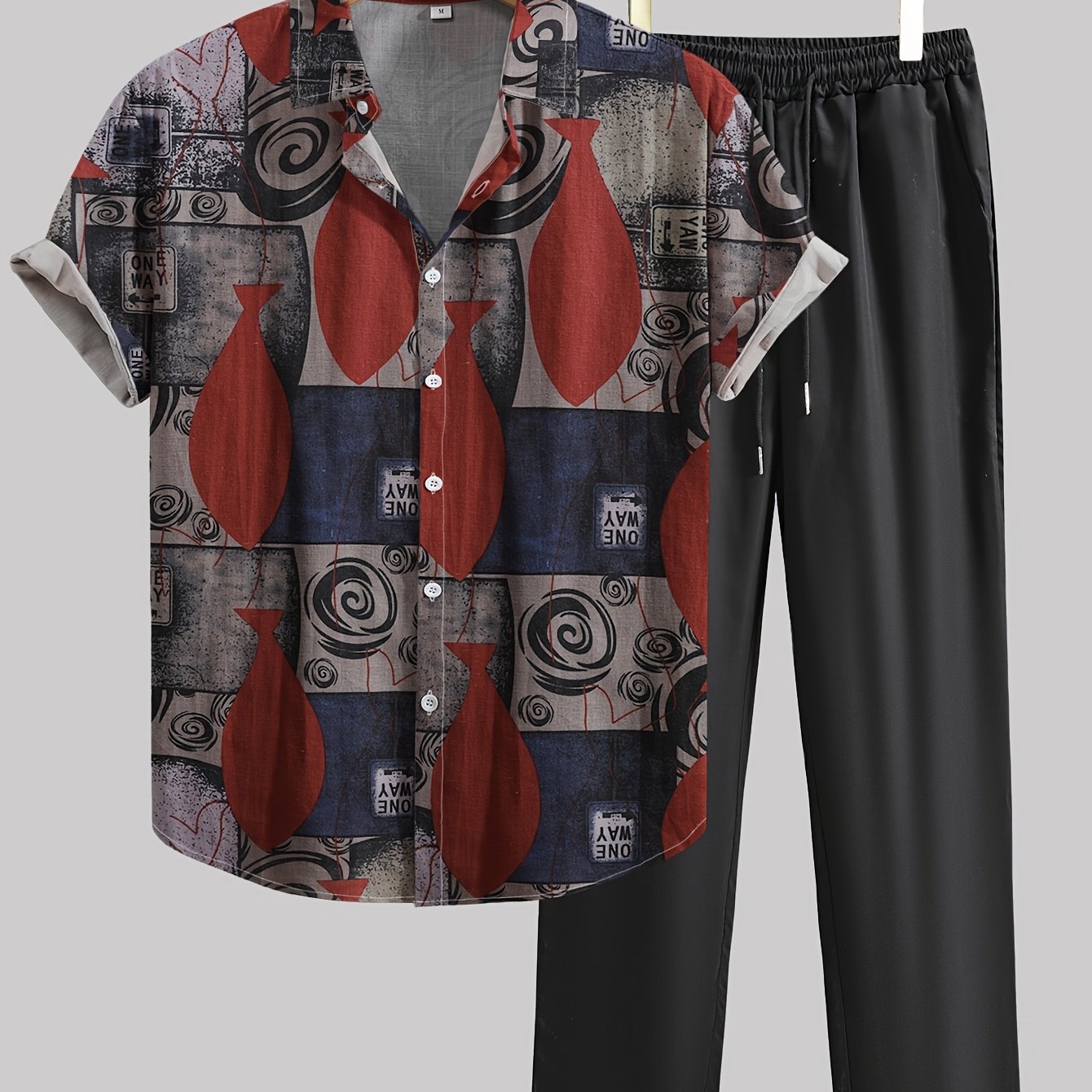 Men's casual geometric print shirt and pants set made of lightweight, non-stretch polyester. Features "ONE WAY" design, perfect for summer.