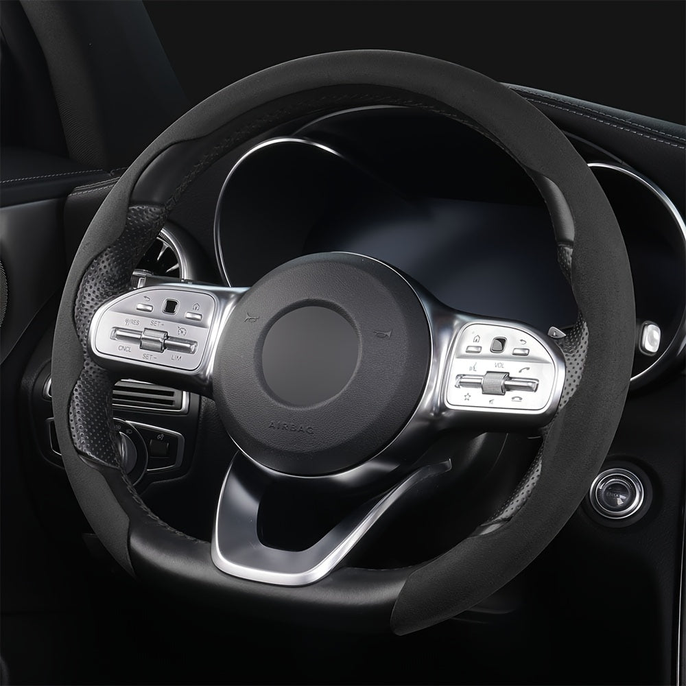 Non-slip, universal steering wheel cover with sweat-absorbing buckle for cars.