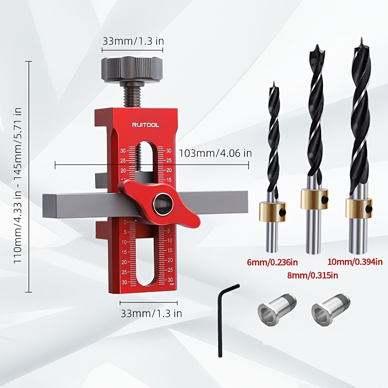 RUITOOL 2 In 1 Cabinet Door Installation Positioner made of rust-resistant aluminum alloy with non-slip design. Includes drill bits and has a clamping range of 7-40mm. Ideal for cabinet