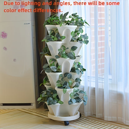 1 set of 6-tier stackable planters with 18 pieces, made of durable plastic with moving wheels and tools. Ideal for growing flowers, herbs, strawberries, and vegetables in indoor or outdoor