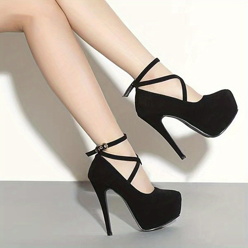 Women's high heels with crossed straps, thin heels, round head, shallow mouth, and high waterproof platform, ideal for night clubs and creating a sexy look.