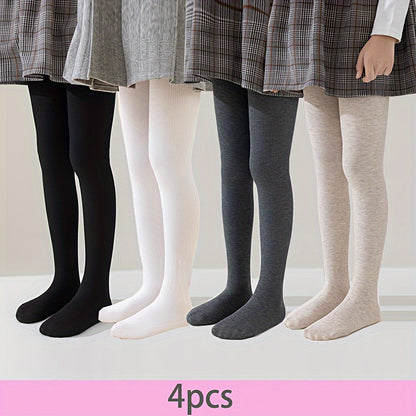 Set of 4 Girls' Vertical Striped Leggings with Feet for Versatile Fashion