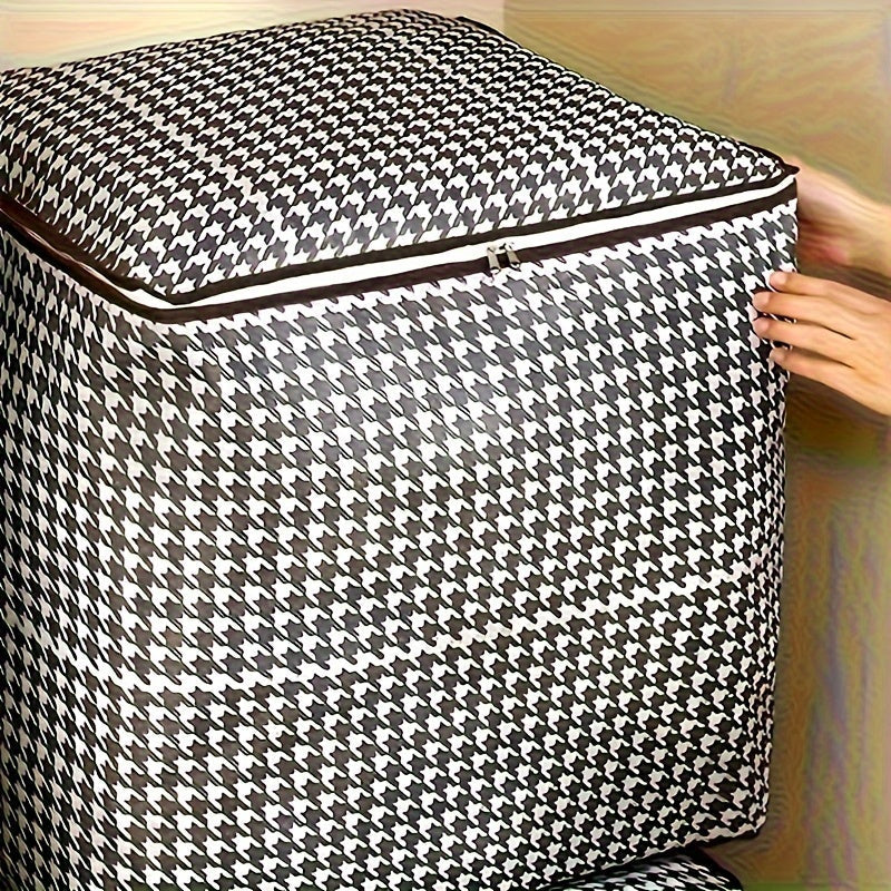 Set of 3 Modern Houndstooth Large Storage Bins with a Capacity of 180.0 L. These multipurpose thick fabric organizer boxes are dustproof and moisture-resistant, featuring dual zippers and handles for easy transportation. Perfect for storing home