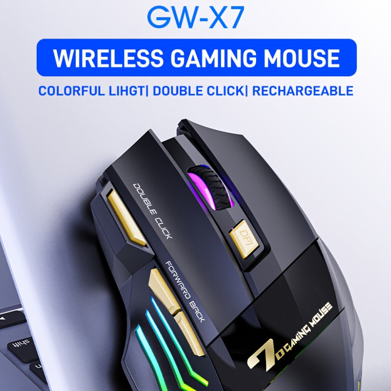 MCPIWOHY Gaming Mouse: 2.4G Wireless, RGB Light, 7 Buttons, Rechargeable Battery, Type-C Charging, 7200 DPI, Right-Handed, Windows 10, LaptopWireless.