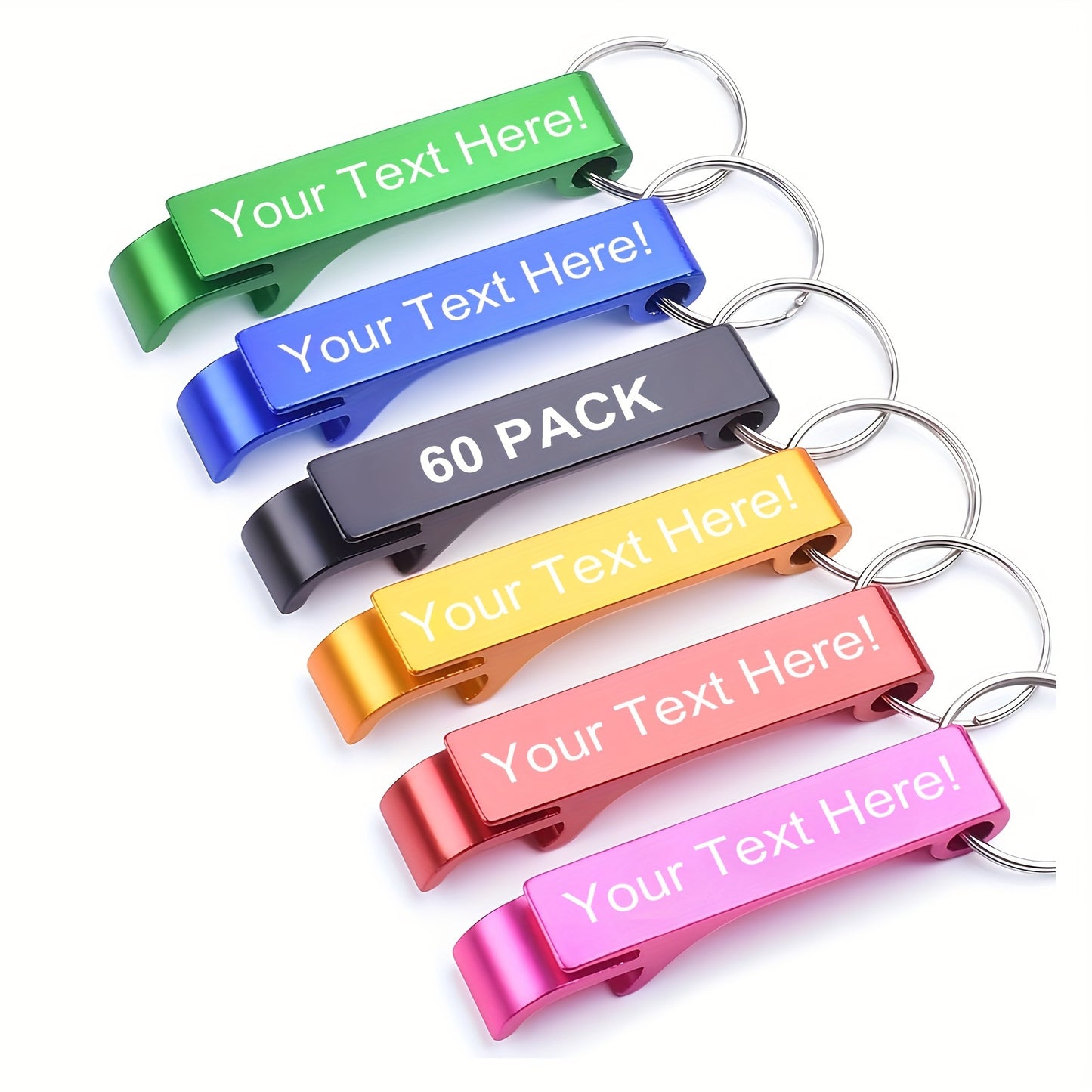 Personalized bottle opener keychains with colorful custom design, free engraving for party favors and gifts. Durable and lightweight.