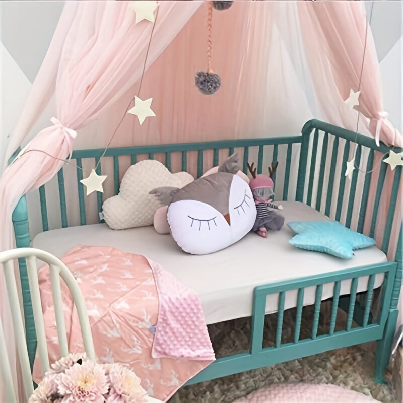 Whimsical pink princess bed canopy for girls featuring soft chiffon dome with star accents, 240.03cm height, ideal for nursery and reading corner décor.