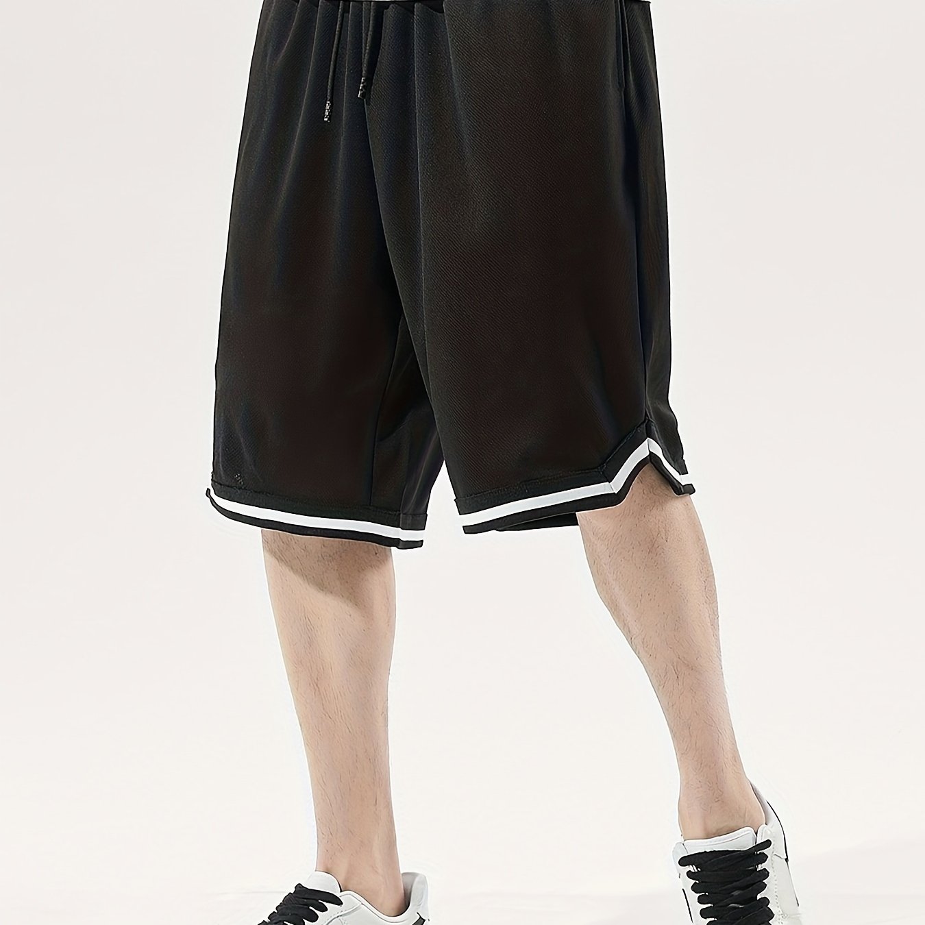 Men's plus size sports shorts with geometric pattern, loose fit, knit polyester fabric, mid-length, 250g/m² weight - perfect for comfortable summer wear.