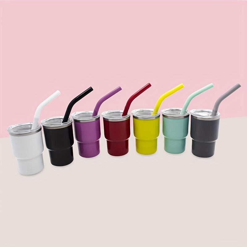 A 3oz car cup pack containing an outer plastic and inner steel construction, with a stainless steel stretch liner and a silicone sleeve straw.