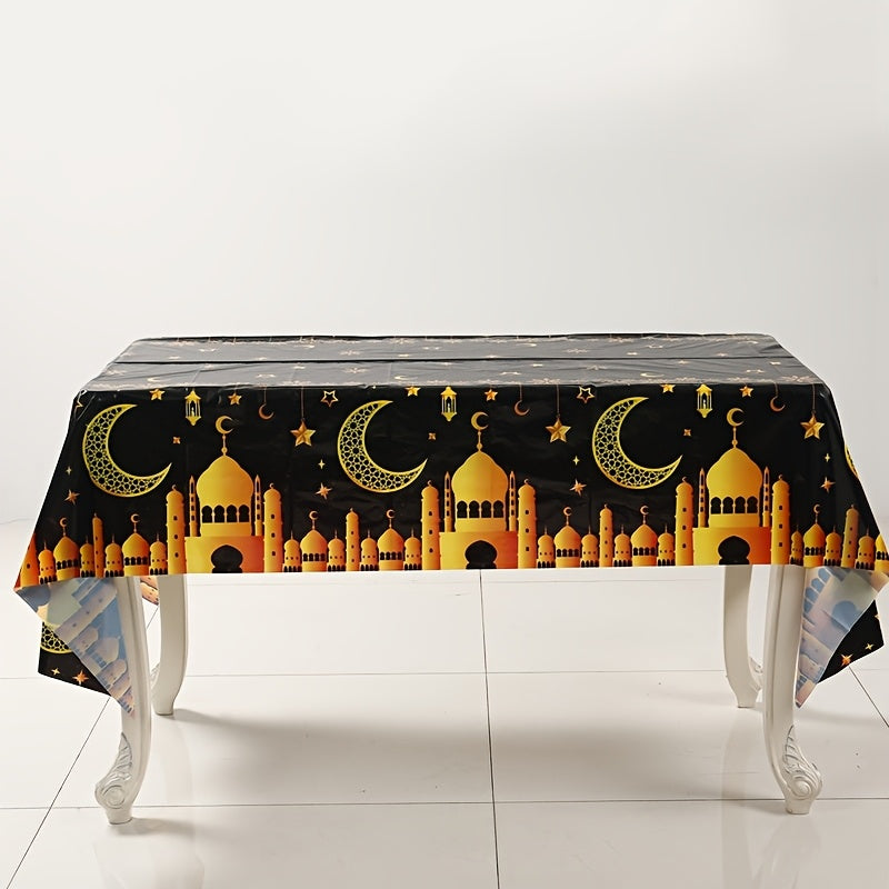 Eid Mubarak tablecloth for Islamic celebrations, featuring moon and star design in black and gold. 130x220cm machine-made plastic tablecover for Eid Al Adha and Ramadan Kareem parties.